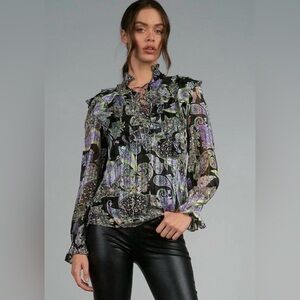Elan Sincerely NWT blouse - Black, Green Purple Paisley print - Size Medium